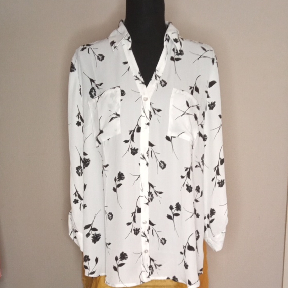 Floral Button Down Shirt - Black and White